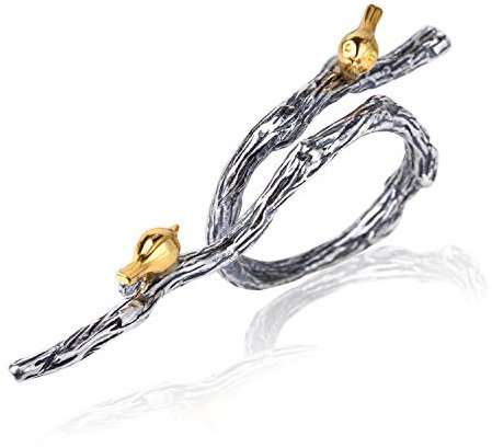 Springlight ✦ Geschenke für Frauen S925 Sterling Silber Ring Lebhaft Vogel auf Zweig Ringe Personalisierter Schmuck Handgemachter Ringe Personalisierte Geschenke.(Antique Silver)