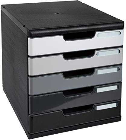 Exacompta - Réf. 301794D - MODULO A4 - Caisson 5 tiroirs fermés pour documents A4+, Dimensions extérieures : Profondeur 35 x largeur 28,8 x Hauteur 32 cm - Noir/dégradé de gris