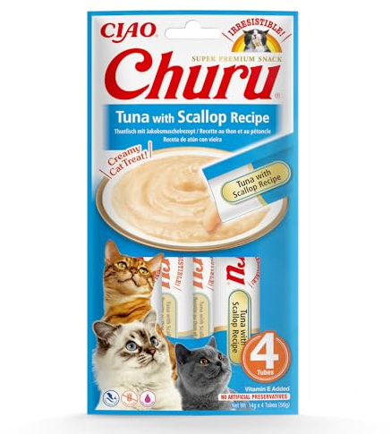 Ciao Churu Sticks by INABA Cat Treat - Tuna & Scallop Flavour (4 x 14g) / Soft & Creamy Cat Treat, Delicious & Healthy Snack, Squeezable Purée Food Topper, Pill Assist, Natural, Grain Free
