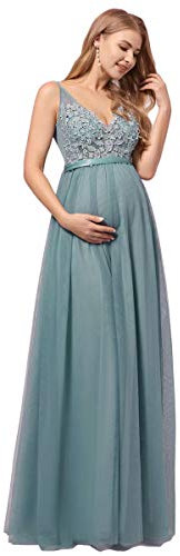 Ever-Pretty Robe Grossesse de Photographie Longue Femme Maternité Robe de Soirée Col en V A-Line Enceinte Fleurs en Tulle Bleu fumé 46