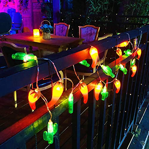 Red Hot Pepper Chilli Decor Lights Cactus Fairy Lights LED Fruit Garland Lamp Battery Powered for Kitchen Bar Patio Fence Deck Balcony Camping Holiday Party Decoration (Cactus and Chili, 6m/40LED)