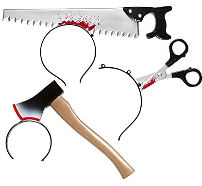 Silver® Adult Halloween Hair Bands 3 Piece Set - Bleeding Bloody Headband Axe, Scissors & Saw Through Head Toys Props Horror Scary Carnival Masquerade Halloween Costume Accessories
