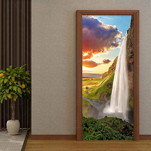FHKGIUJAD 3D Porte Papier Peint Muraux Coucher De Soleil Paysage Cascade Poster Porte Pvc Sticker Porte Autocollant Trompe L'Œil Papier Peint Pour Porte Cuisine Chambre Porte Décoration 95X215Cm