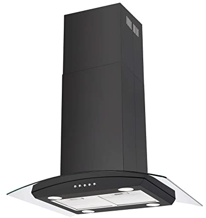 JOEAONZ Island Range Hood Black 30 inch 700CFM, Ceiling Mount Kitchen Vent Hood Stainless Steel Ducted/Ductless Convertible Extractor Stove Exhaust Fan, 5-layer Filters, Curved Tempered Glass