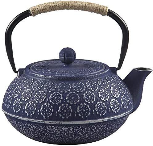 Cast Iron Teapot, Japanese Style Tetsubin, Tea Kettle with Removable Stainless Steel Infuser, Blue Iron Teapots for Coffee,Tea Bags,Loose Tea, Floral Pattern, 34oz / 1000ml