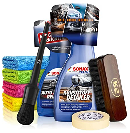 Autopflege Set: SONAX Xtreme Innen Reiniger und Kunststoff Detailer Innen & Aussen 2x500ml + ChemicalWorkz Hand Wax Applikator + Shiny Freaks Allzweck Mikrofasertücher | 9-teilig