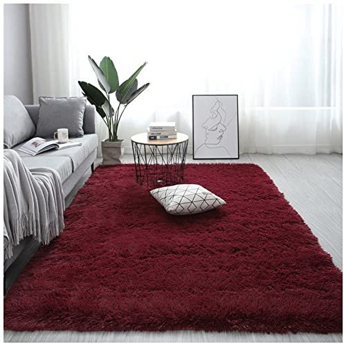 GUOCU Hochflor Teppich Wohnzimmer rutschfest Langflor Fellteppich Shaggy Flauschig Weich Modern Kunstfell Einfarbig Bettvorleger Sofa Matte,Weinrot,60x120CM
