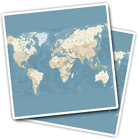 Vinyl-Aufkleber, quadratisch, 10 cm, Vintage-Weltkarte, Blau, für Laptops, Tablets, Gepäck, Scrapbooking, Kühlschrank, #52386