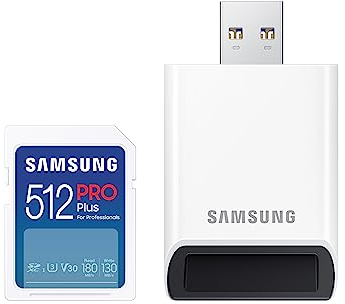Samsung PRO Plus SD-Karte, 512 GB, UHS-I U3, Full HD & 4K UHD, 180 MB/s Lesen, 130 MB/s Schreiben, Speicherkarte für Kameras und Drohnen, Inkl. USB-Kartenleser, MB-SD512SB/WW