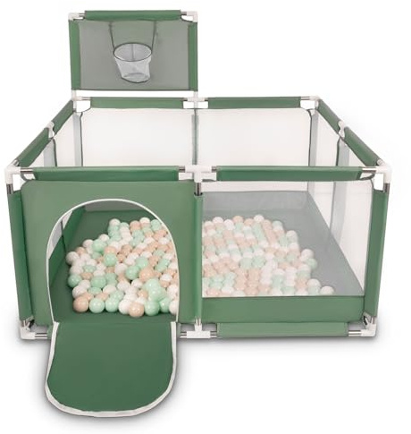 Selonis Parc Bébé Avec 100 Balles Plastiques Aire De Jeu Pliable Basket, Vert : Beige Pastel/Blanc/Menthe