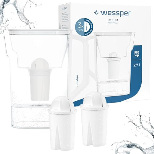 Wessper Water Filter Jug with Filter Cartridge 2.7 Litres, Fits Through the Fridge Door, BPA-Free, Water Carafe with Filter, Compatible with Brita Classic Filters, White