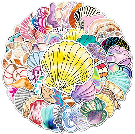 Adesivi vivaci oceanici, adesivi da spiaggia, 50 adesivi colorati per personalizzare bagagli, penne, chitarre, quaderni, resistenti all'acqua, 50 motivi non ripetitivi. (Shell)