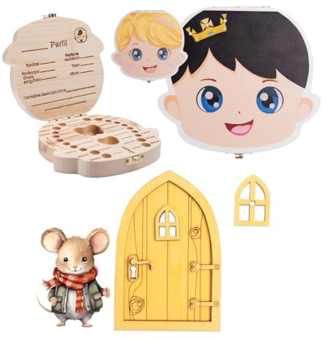 SUAPOZ Pack Puerta Ratoncito Perez + Caja Dientes de leche Niño Niña. Caja Recuerdos Bebe. Madera de Calidad (Niño)