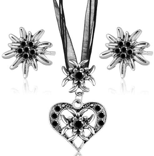 3 Stück Trachtenkette Wiesnherz,Trachtenschmuck Damen Set,Oktoberfest Trachtenschmuck Damen,Edelweiss Dirndl Schmuck für Damen Bierfest Trachten Dirndl Outfit Accessoires Oder Lederhose Damen Tracht