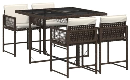 vidaXL Garten Essgruppe 5-TLG., Gartenmöbel Set Tisch mit 4 Stühle, Gartengarnitur mit Kissen, Sitzgruppe Essgarnitur Terrasse, Braun Poly Rattan