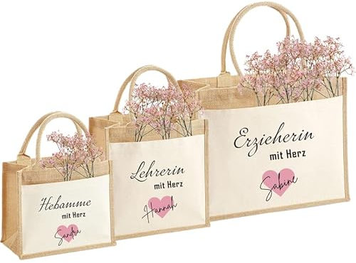 Nachhaltige Jute-Tasche Mit Name Personalisiert | Erzieherin Lehrerin Hebamme Mit Herz | Abschied Schule Kita Kindergarten | Geschenkidee Geschenk-Tasche Einkaufstasche Aus Jute Baumwolle