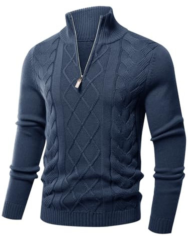 Les umes Mens Quarter Zip Sweater Cotton Mock Neck Pullover Sweaters Warm Long Sleeve Cable Knitted Jumper Blue XXL