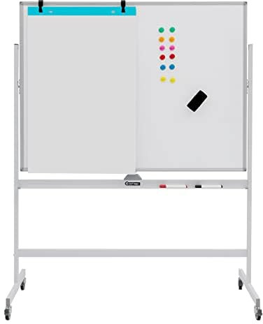 FANTASK Tableau blanc mobile double face - 120 x 90 cm - Réglable en hauteur - Avec roulettes et support