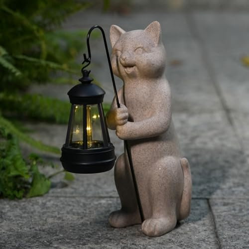 mikilov Katze Harz Statue mit Solar Laterne (Stange- Outdoor Laternen&Indoor Statue Dekorationen für Garten,Hof,Veranda,Haus,Balkon