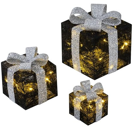 Bambelaa! 3er Led Deko Geschenke Leucht Boxen Timer Weihnachts Dekoration Weihnachtsdeko Beleuchtet Deko Weihnachten Schwarz-Silber