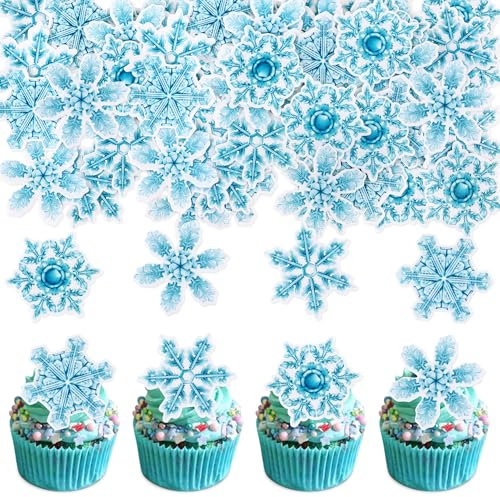 Blumomon 40Pcs Edible Snowflake Cupcake Toppers Blue Glitter Edible Snowflake Cupcake Decorations Picks for Winter Christmas Theme Baby Shower Kids Birthday Christmas Party Cake Decorations Supplies