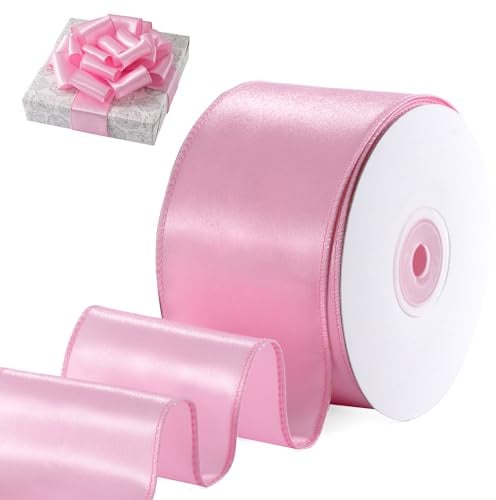 FAKILO Geschenkband Satinband mit Draht 63 mm x 18 m Schleifenband Rosa Drahtband dient als Geschenkband, Christbaumband, Schmuckband für Kränze, Bastelband und Hochzeitsband