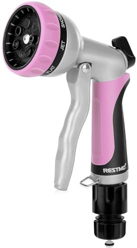 RESTMO Gartenbrause, Metall Hochdruck Garten Handbrause, 7 Funktionen Spritzdüse, Einstellbarer Wasserdurchfluss Garten Spritzpistolen Bewässerungspistole für Garten Bewässerung, Autowaschen, Pink