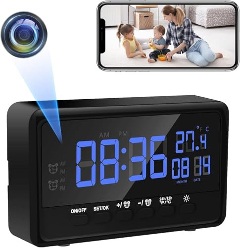 Telecamera Nascosta WiFi HD 1080P Mini Telecamera WiFi 2.4 / 5G Wifi Telecamera Spia, Orologio Telecamera Wifi con 2 Sveglia e Schermo Multifunzione Supporto Visione Notturna Rilevamento del Movimento