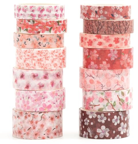 Songdao Sakura Washi Tape Set 14 Rollen Blumen Dekoratives Klebeband Bunt für Scrapbooking, Bullet Tagebuch, Planer, Geschenkverpackung (Blush Petals)