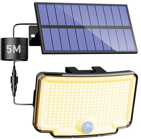 LOTMOS Lampe Solaire Exterieur Detecteur de Mouvement, 310LED Lumiere Solaire Étanche Spot Solaire, 3 Modes Eclairaget Solaire pour Jardin Garage Cour, Blanc Chaud