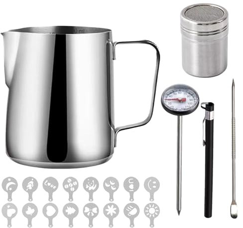 Habwah Milk Jug 600ml/21oz, Milk Frother Frothing Jug Stainless Steel with Thermometer Powder Shaker Coffee Art Pen for Making Latte Cappuccino