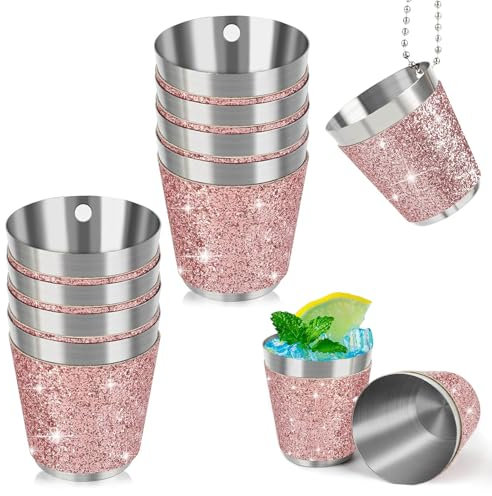 QITIXI:OU 8 Stück Schnapsgläser mit kette, Shot Becher Metall zum Umhängen, 30ml Schnapsgläser zum Umhängen, Rosa schnapsbecher Edelstahl mit Kette, für Dekoration Hochzeitsfeiern Brautparty Karneval