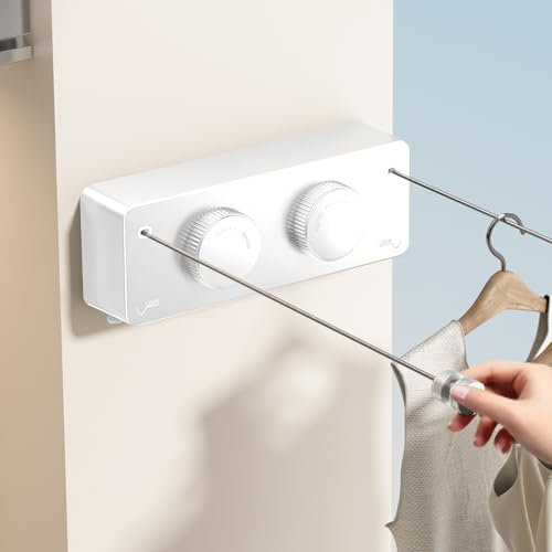 MUSTORN Tendedero Retractil Pared Exterior, Doble Línea Cuerda Tendedero Pared Exterior Soporte De Pared Cuerdas para Tender Ropa Balcon Cuerda para Tender Ropa Exterior 4.2m(Blanco)