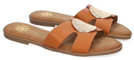 92038 Sandalia Planas de Mujer, Comodas y Elegantes con Diseno Moderno con Adorno en la Pala, Ideales para Primavera-Verano. Camel Talla 38