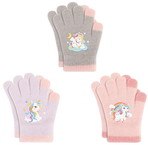 QKURT 3 Paar warme Strickhandschuhe für Kinder, Kleinkinder-Zauberhandschuhe, bunte Handschuhe, dehnbare Winterfäustlinge mit Einhorn-Muster für Jungen und Mädchen von 2–5 Jahren