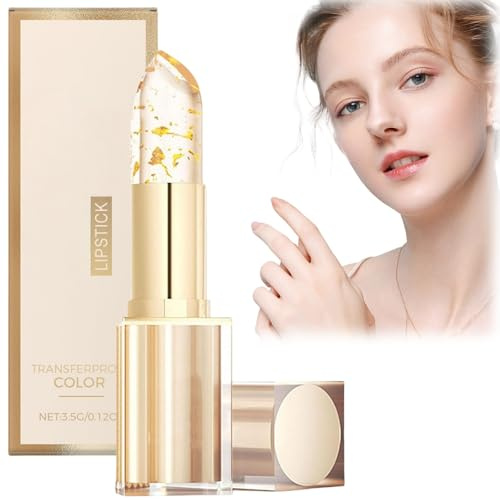 Color Changing Lipstick with Gold Foil,Gold Foil Color Changing L/ipstick,Transparent Colour Cha/nging Lipstick,Smudge-Proof Gol/d Fo/il Moisturizing Glossy Li/pstick,Long Lasting Lips Balm Full Lip