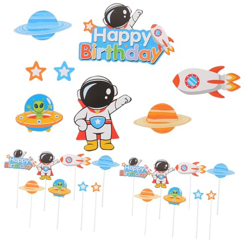 Milisten 3 Sets Outer Space Birthday Cake Cupcake Toppers Astronaut Rocket Theme Birthday Party Decorations for Boys Shower Safe Cake Inserts Festive Colorful Props