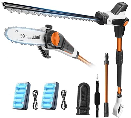 Litheli Stabheckenschere & Hochentaster mit zwei 2.0Ah Akkus, 47 cm Akku Teleskop Heckenschere, abwinkelbarer Kopf und Teleskopstiel zum Schneiden von Ästen, Trimmen.