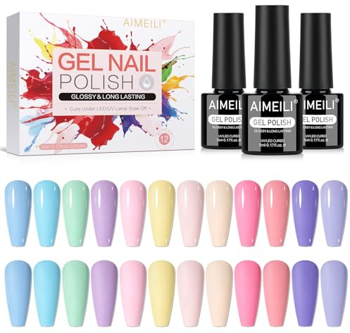 AIMEILI Pastel Gel Nail Polish Set 12pcs, Cruelty Free, Vegan, Soak Off UV LED Gel Polish Nail Art Manicure Salon DIY for Women - Kit 36