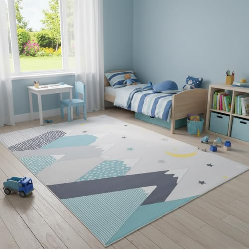 TAPISO Joy Kinderteppich Berge Grau Sternen Berg-Motiv 180 x 250 cm | Teppich für Kinderzimmer Kinder Jungen & Mädchen Modern Rutschfest Pflegeleicht Weich & Strapazierfähig