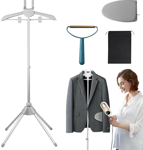 Steamer Stand, Folding Telescopic Garment Steamer Holder, Hanger for Steaming Clothes, Adjustable Steamers Rack Hanging with Ironing Glove & Hair Roller, Ironing Clothes Stand for Travel & Home (Grey)