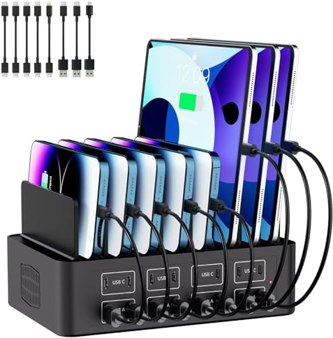 150W 16-Ports USB Charging Station for Multiple Device with 8 Cables | 8 USB-C+8 USB-A Ports, with Adjustable Removable Dividers, 8 Short Cables included, Compatible with iPhone, iPad & Tablets