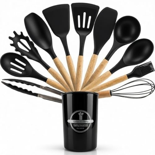 Kochlöffel Set Silikon 12-teilig – Küchenhelfer Set mit Holzgriff & Halter – BPA-frei, hitzebeständig bis 230°C – Kochbesteck für beschichtete Pfannen (Schwarz/Grau)