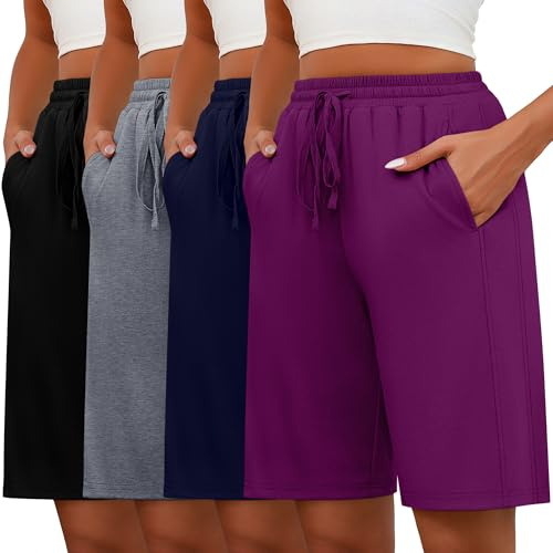 Geyoga Paquete de 4 Pantalones Cortos Bermuda para Mujer con Cordón Cintura Elástica, Informales, de Pierna Ancha y Largos