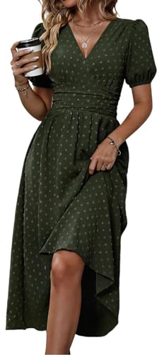 HUXRAKV Casual Wrap Summer Dresses for Women UK Elegante Ladies V Neck Lantern Sleeve Ruffled Waist Maxi Dress Boho Beachdress,51-Green,L