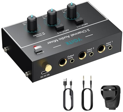 2-Channel Stereo Mixer with 6.35/3.5mm Audio Input/Output Jacks for Guitars | YGiTK Independent Control and Switch for Dual Mono/Stereo Modes, Type-C Powered, Line Mixer for Bass, and Dynamic Microphones