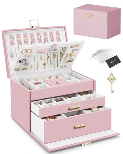 DesignSter Schmuckkästchen mit 2 Schubladen, 3 Ebenen Großes Schmuckaufbewahrung mit Spiegel, PU-Leder Schmuck Organizer mit Schloss für Ohrringe, Halsketten, Ringe, Armbänder, Rosa