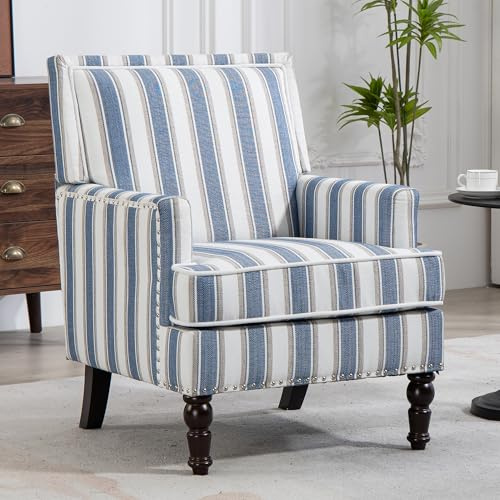 FUNECORP Mid-Century Modern Sessel Loungesessel Blau-weiß gestreifter Leinenstoff mit Hohe Rückenlehne, Polstersessel Lesesessel Ohrensessel für Wohnzimmer, Schlafzimmer, Arbeitszimmer & Gästezimmer