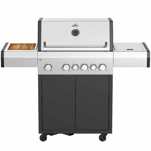 Cheffe Gasgrill 4 Brenner G4 Edelstahl - 800°C Seitenbrenner, Heckbrenner & Seitenkocher - Inklusive Abdeckhaube -Großer BBQ Gas Grill mit Gusseisen Grillrost & Warmhalterost - Outdoor Grillwagen