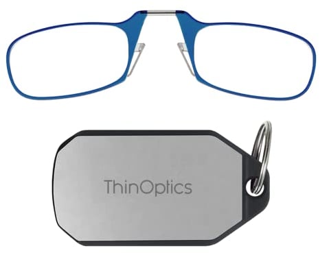 ThinOptics Keychain Case and Readers Rectangular Reading Glasses, Silver Case/Blue Frames, 44 mm